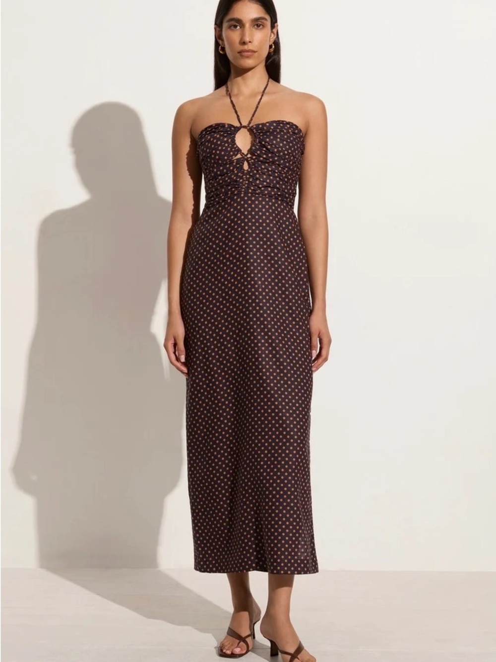 Faithfull the Brand Brown Polka Dot Strapless Midi Dress